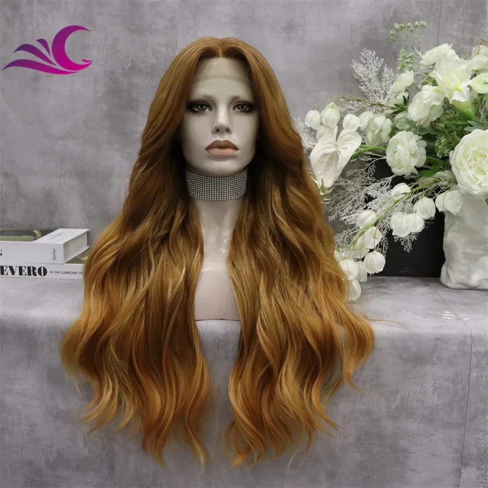 as pic / TS65-2217/0 Celebrity caramel brown color fashion layer cut hair style t part middle part heat resistant synthetic fiber hair lace front wig