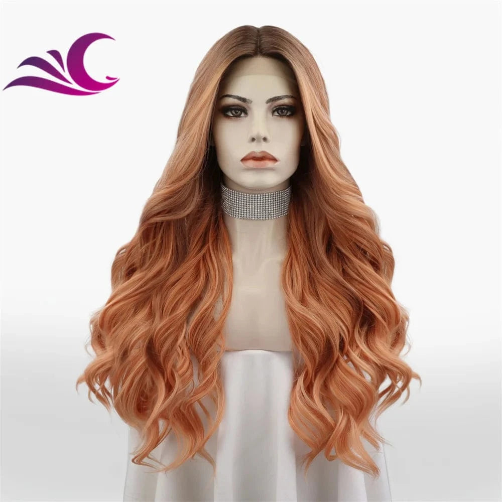 as pic / TS65-2306 Celebrity caramel brown color fashion layer cut hair style t part middle part heat resistant synthetic fiber hair lace front wig