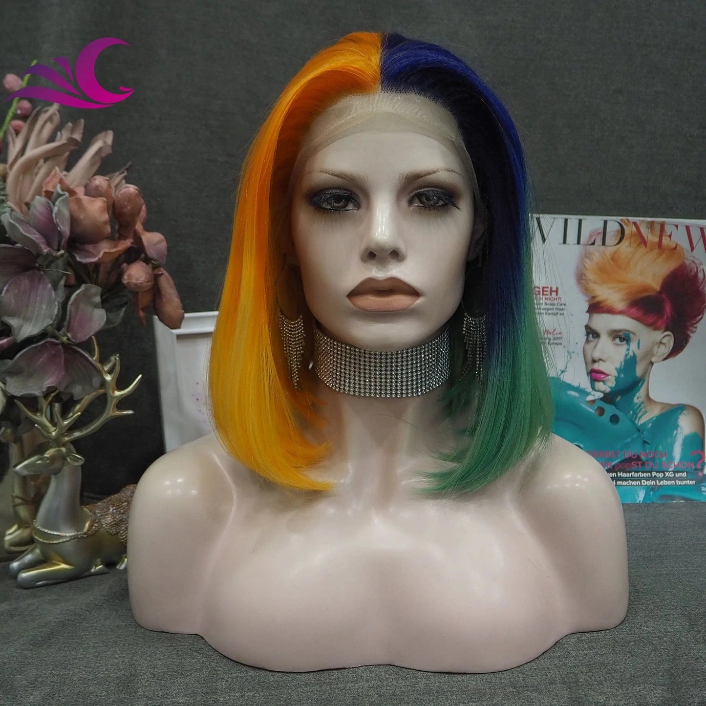 as pics / SW53-2149 Celebrity premium heat resistant fiber ombre green colorful synthetic lace front wig for cosplay darily drag