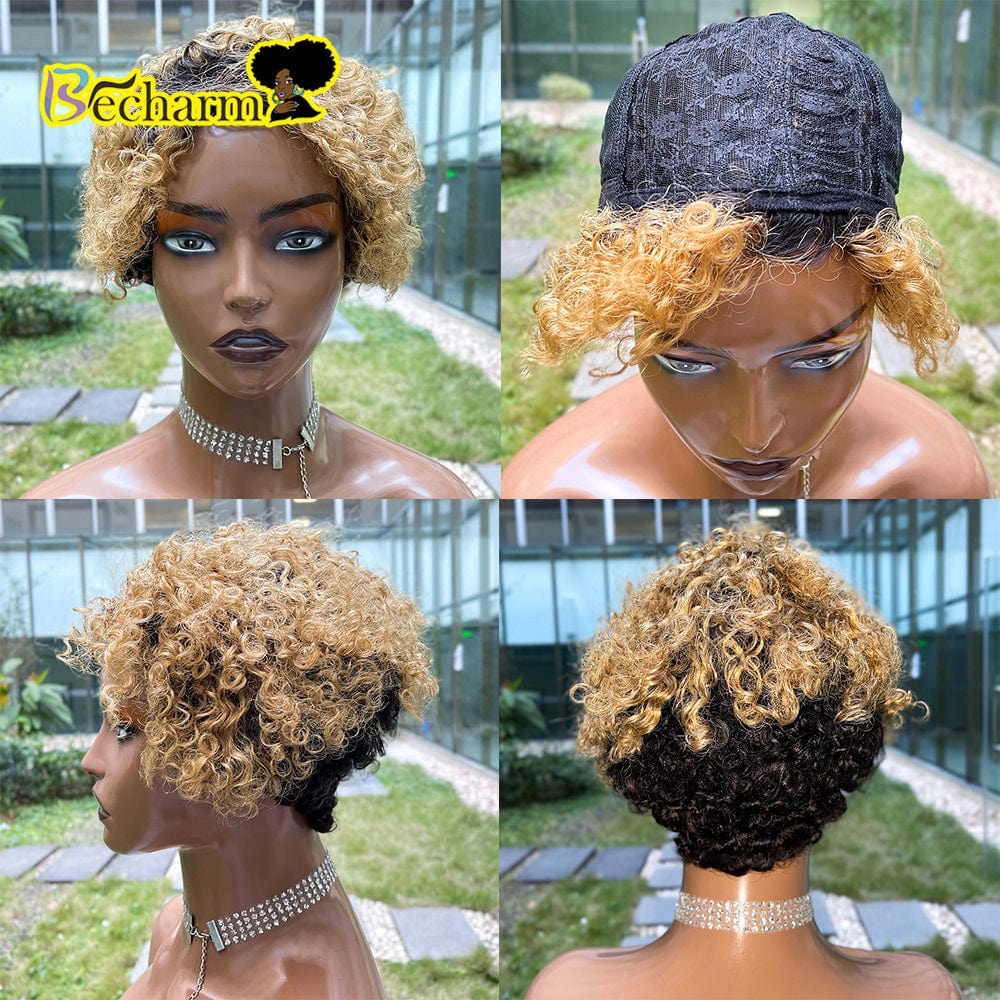 as show / 1 Afro Kinky Curly Wig Brazilian Remy Human Hair Short Bob Wig For Black Women Natural Color Ombre Brown Machine Made Wig