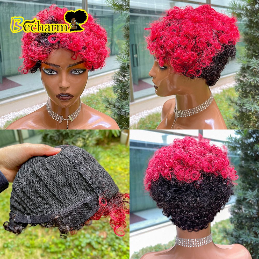 as show / 2 Afro Kinky Curly Wig Brazilian Remy Human Hair Short Bob Wig For Black Women Natural Color Ombre Brown Machine Made Wig