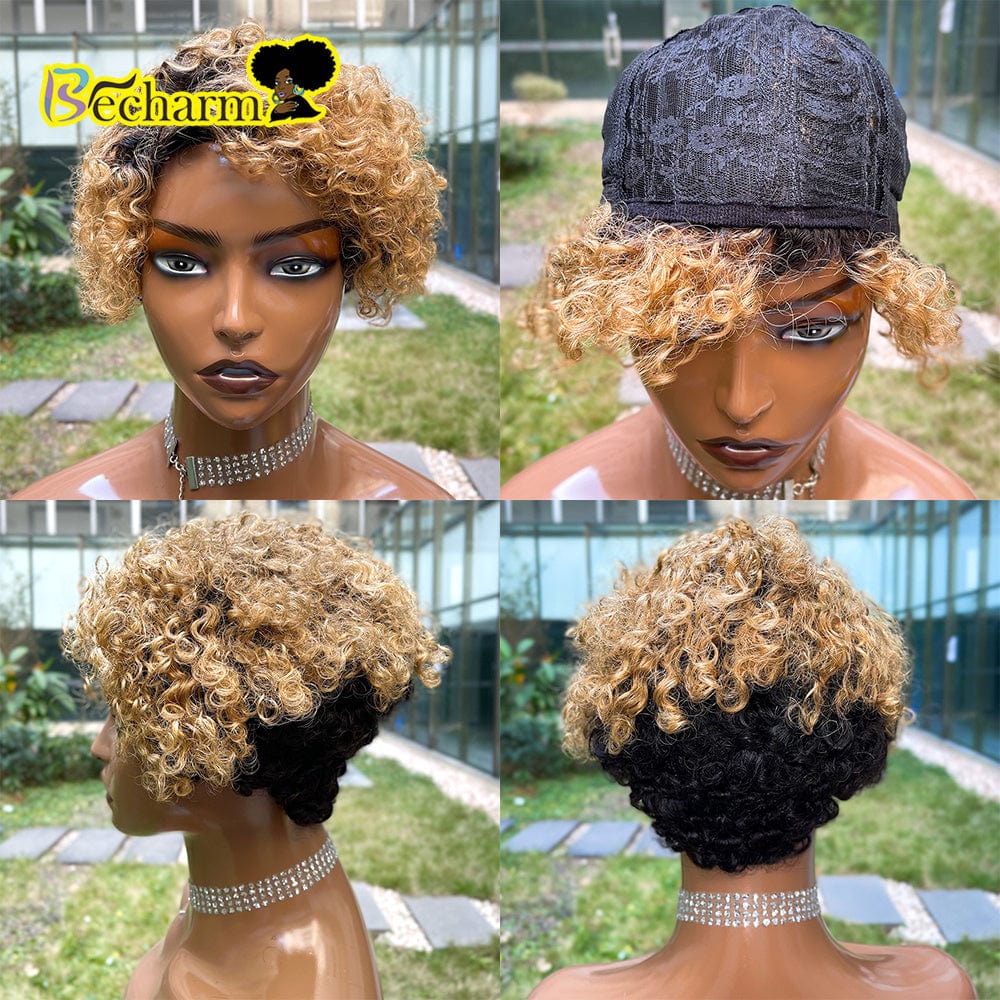 as show / 3 Afro Kinky Curly Wig Brazilian Remy Human Hair Short Bob Wig For Black Women Natural Color Ombre Brown Machine Made Wig