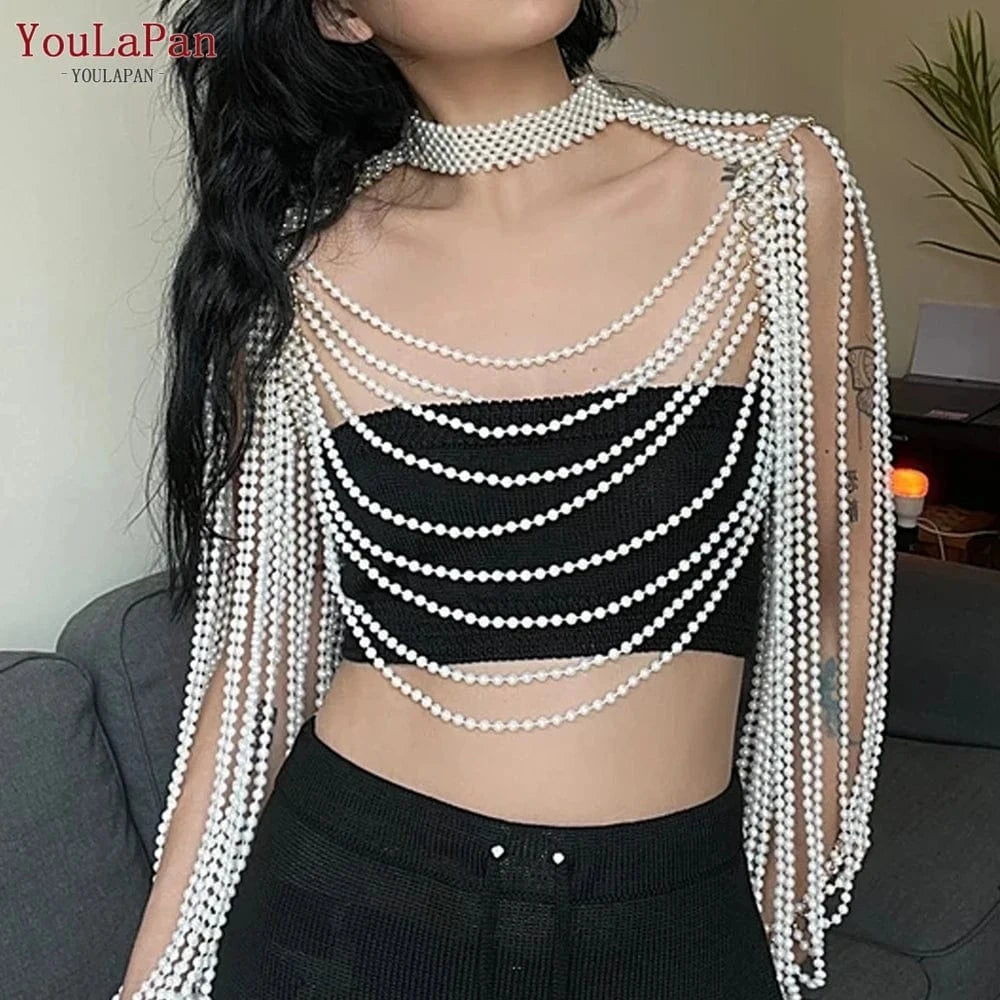 as the picture shows YouLaPan VG67 Sexy Women Shawl Pearl Chain Cutout Top Cover Up Beaded Bolero Bikini Cape Bridal Dress Body Chain