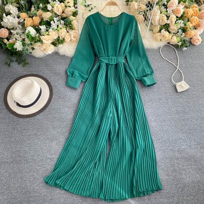 Autumn and winter new style solid color temperament round neck long-sleeved waist belt thinner pleated wide-leg jumpsuit