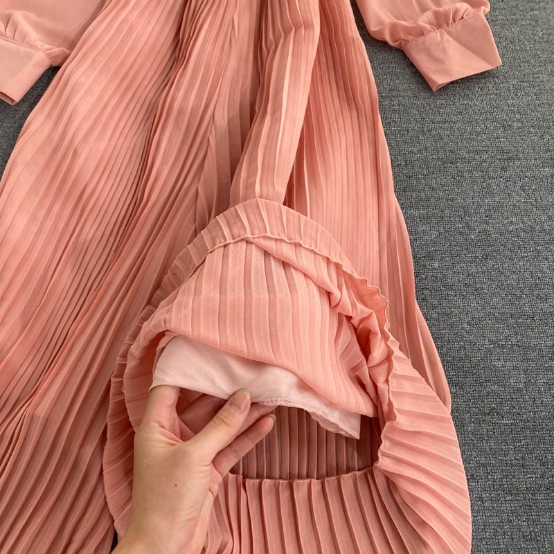 Autumn and winter new style solid color temperament round neck long-sleeved waist belt thinner pleated wide-leg jumpsuit
