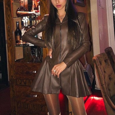 Autumn and winter new women's solid color slim sexy zipper pleated leather dress for women