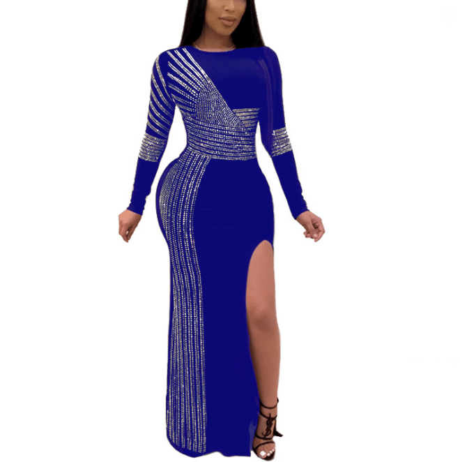 Autumn Bodycon Sexy Full Sleeve Pencil Long Beading Lady Prom Dress