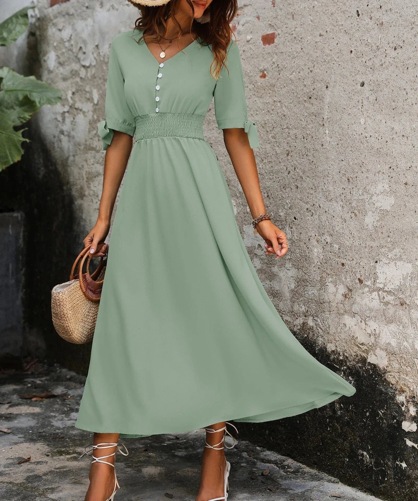 Autumn Casual Polyester Long Sleeve A Line V Neck Empire Waist Maxi Dress For Women