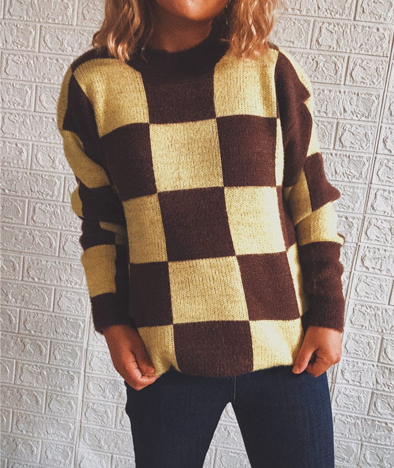Autumn custom plaid patchwork round neck long sleeve loose knit oversized sweater pullover crew neck sweater for ladies