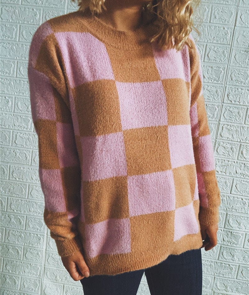 Autumn custom plaid patchwork round neck long sleeve loose knit oversized sweater pullover crew neck sweater for ladies