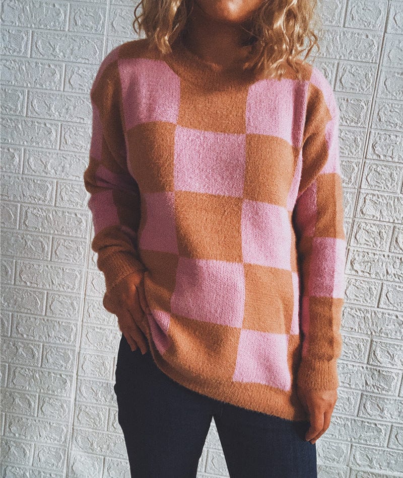 Autumn custom plaid patchwork round neck long sleeve loose knit oversized sweater pullover crew neck sweater for ladies