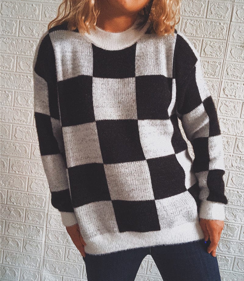 Autumn custom plaid patchwork round neck long sleeve loose knit oversized sweater pullover crew neck sweater for ladies