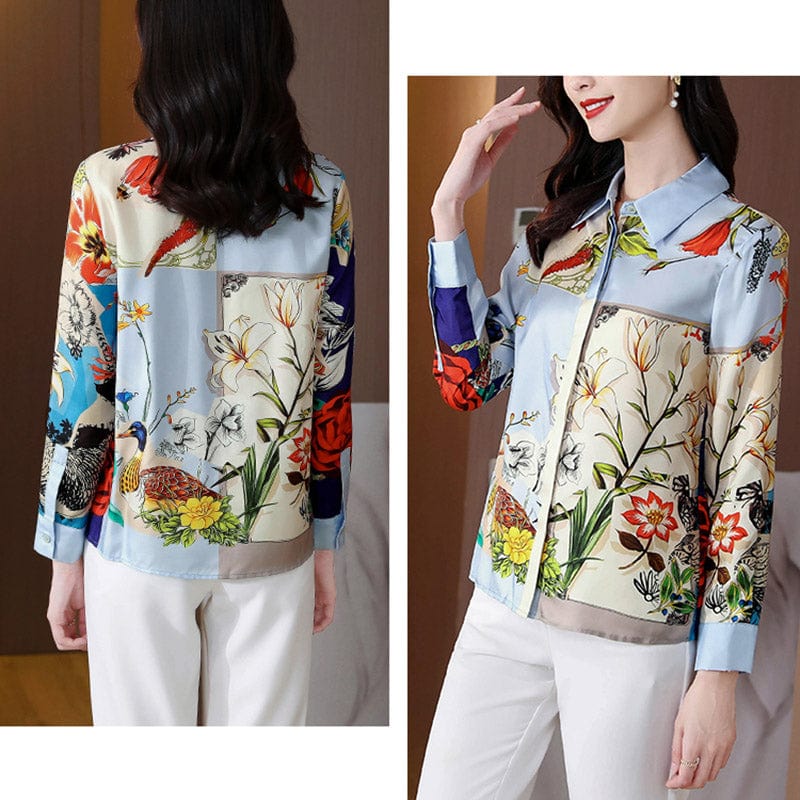 Autumn Elegant Eton Collar Single Breasted Patchwork Print Blouse Tops Women Slim Daily Work Flexible Shirts For Ladies
