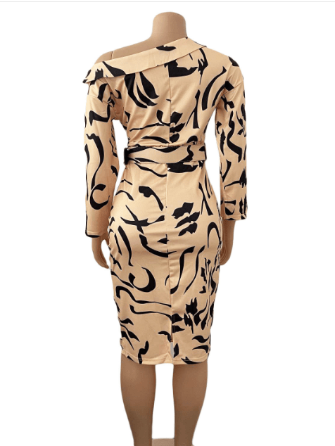 Autumn Elegant Vestidos Waist Belt Printing Career Office Dress Lady