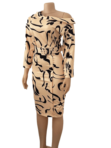 Autumn Elegant Vestidos Waist Belt Printing Career Office Dress Lady