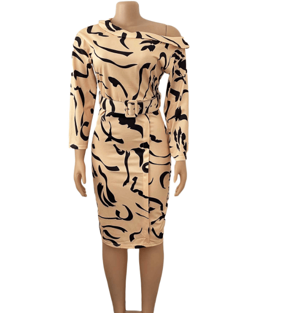 Autumn Elegant Vestidos Waist Belt Printing Career Office Dress Lady