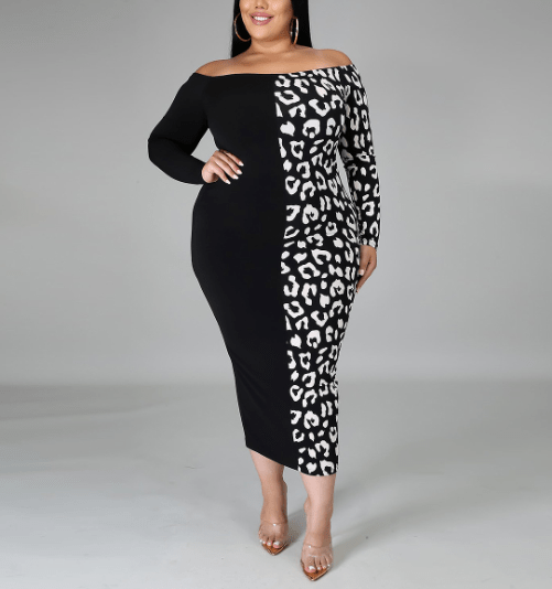Autumn Fashionable Off Shoulder Printed Patchwork Casual Dress Lady
