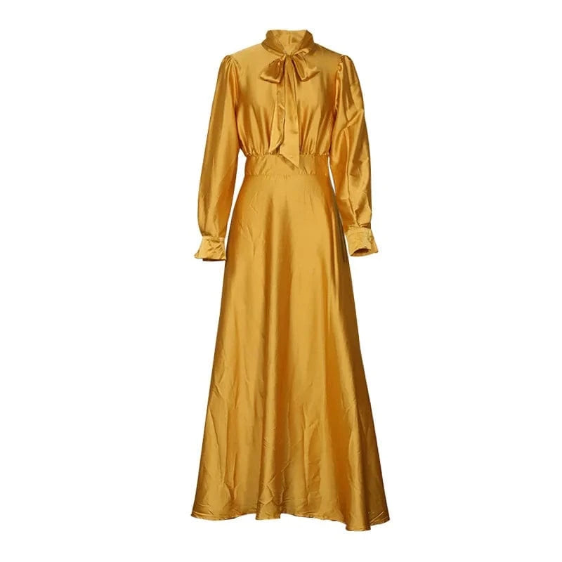 Autumn New Women's Long Sleeved Solid Color Dress Temperament Elegant Bowknot Ladies Maxi Long Dress