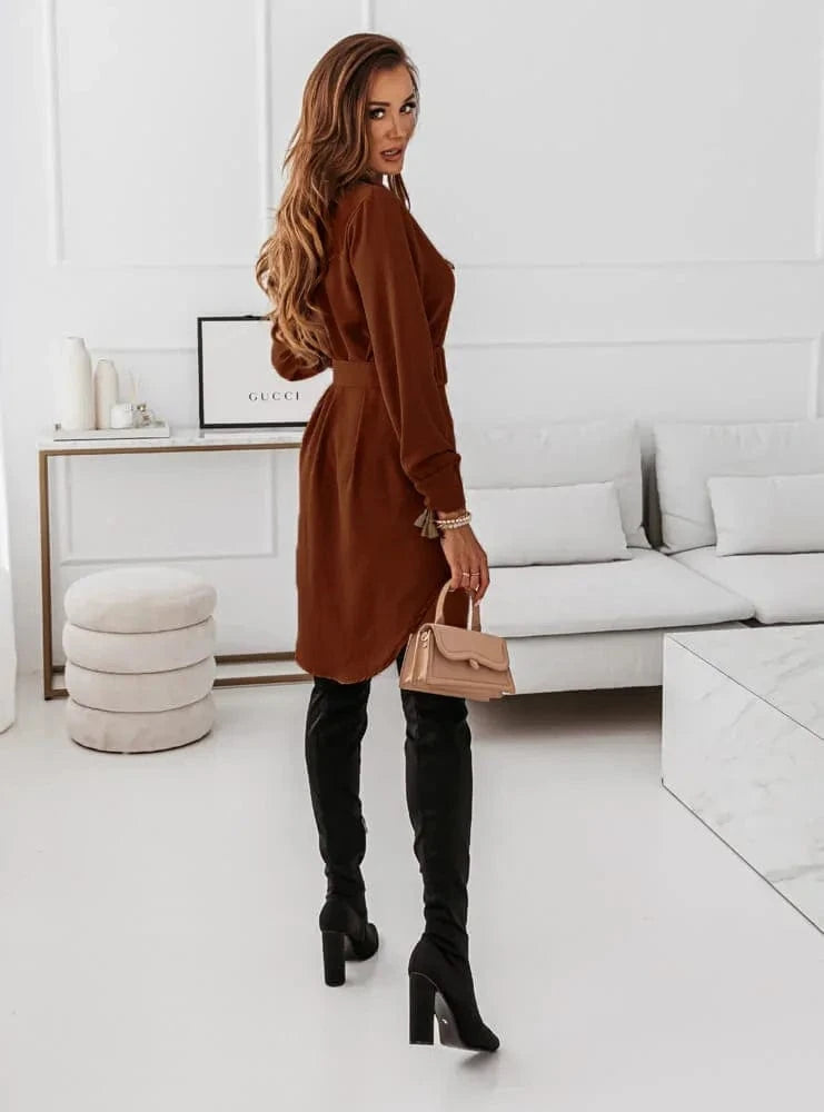 Autumn Winter Fashion Slim Green Dress Woman Casual Turn-down Collar Single Breasted Belted Mini Dresses For Women vestidos