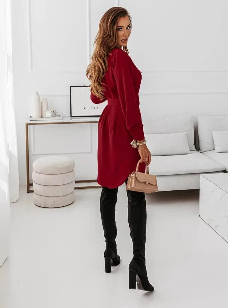 Autumn Winter Fashion Slim Green Dress Woman Casual Turn-down Collar Single Breasted Belted Mini Dresses For Women vestidos