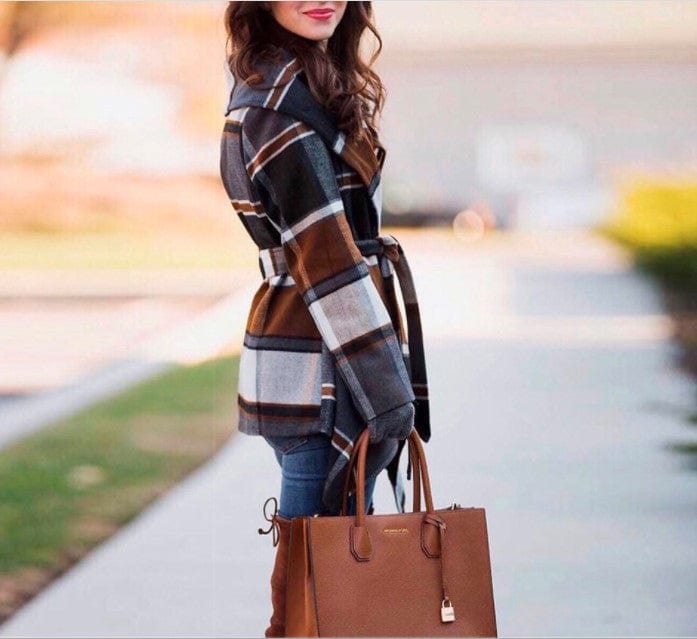 Autumn/winter tartan overcoat Amazon woolen belted woolen overcoat winter clothes for women