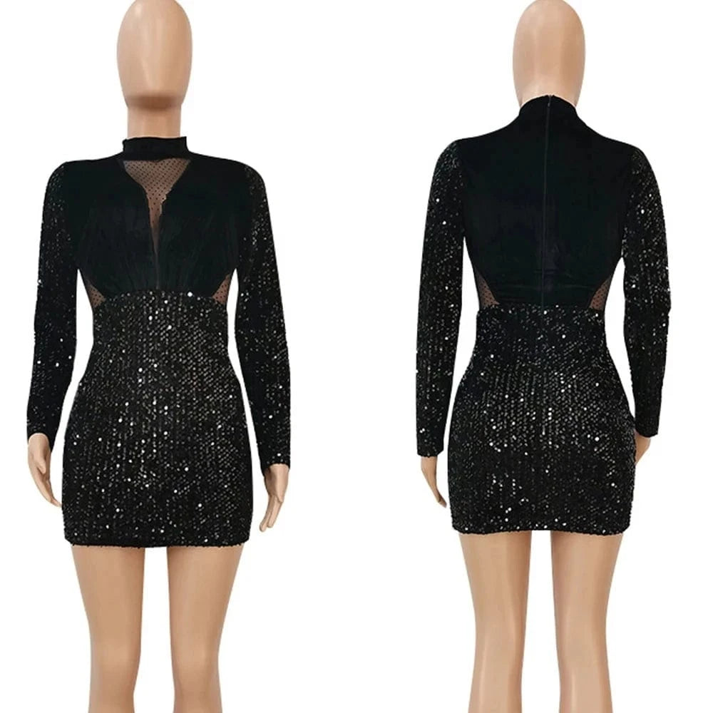 Autumn Winter Velvet Sequined Dress Women Long Sleeve Mesh Sheer Mini Dress Sparkly Night Club Women Elegant Evening Dress