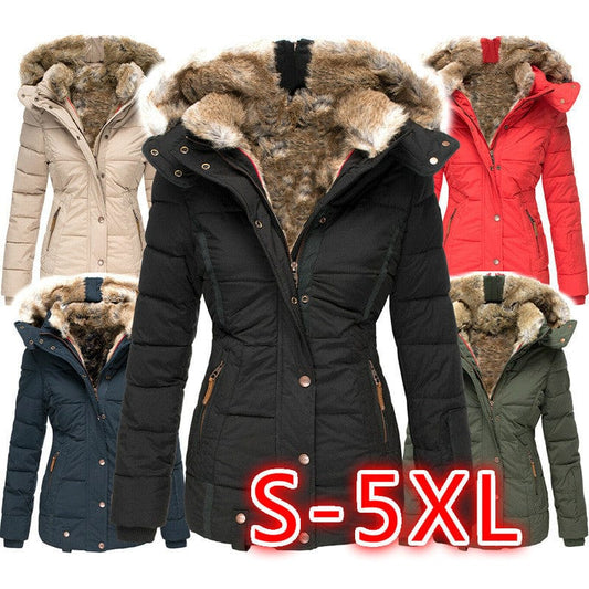 Autumn Winter Warm Plush Patchwork Zipper Pocket Hoodie Loose Coat Women's Plus Size Fur Coats