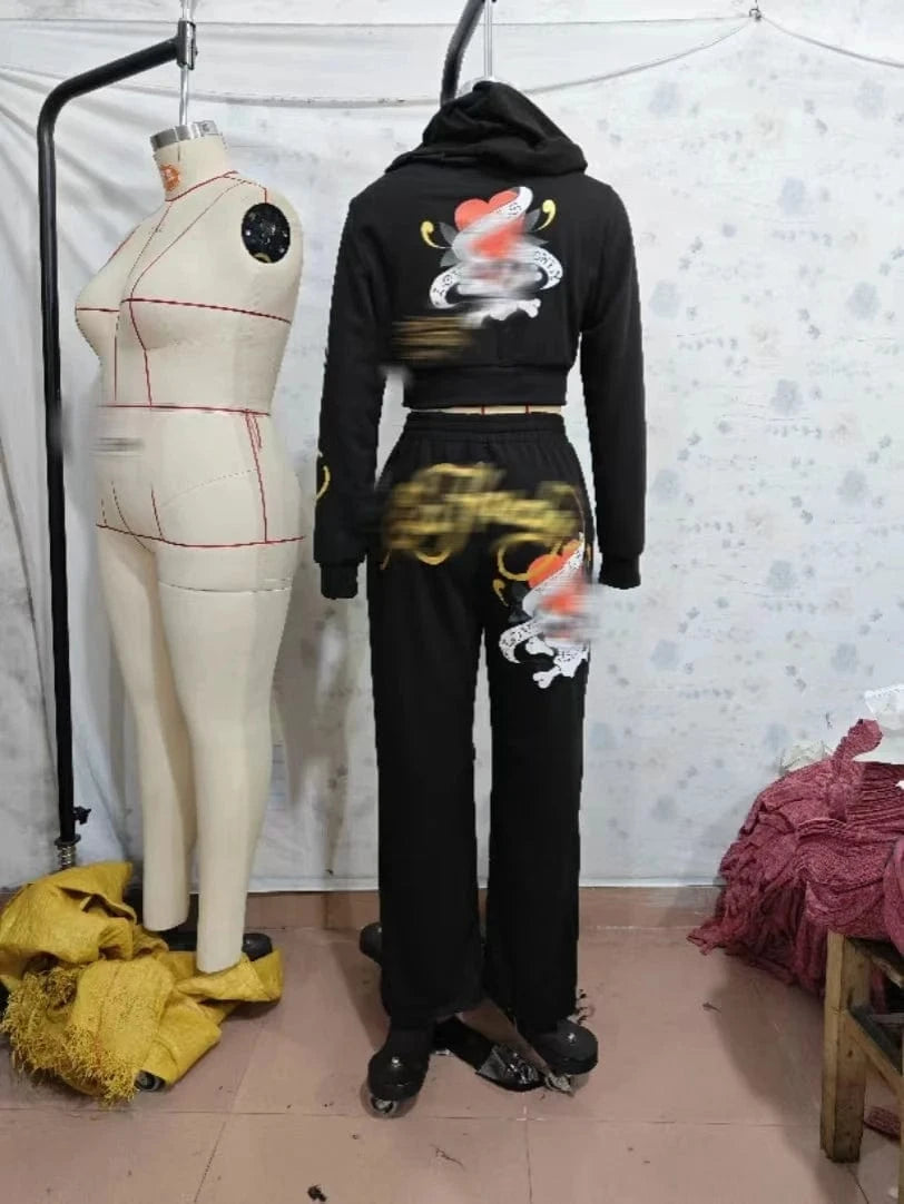 Autumn Women New Print Design Long Sleeve Hoodie Zipper Crop Top And Loose Long Pants Lady Streetwear Set