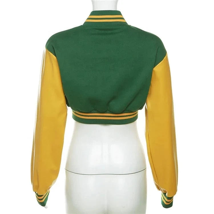 Autumn Women PU Leather Patchwork Crop Tops Contrast Color Letter Single Breasted Jackets