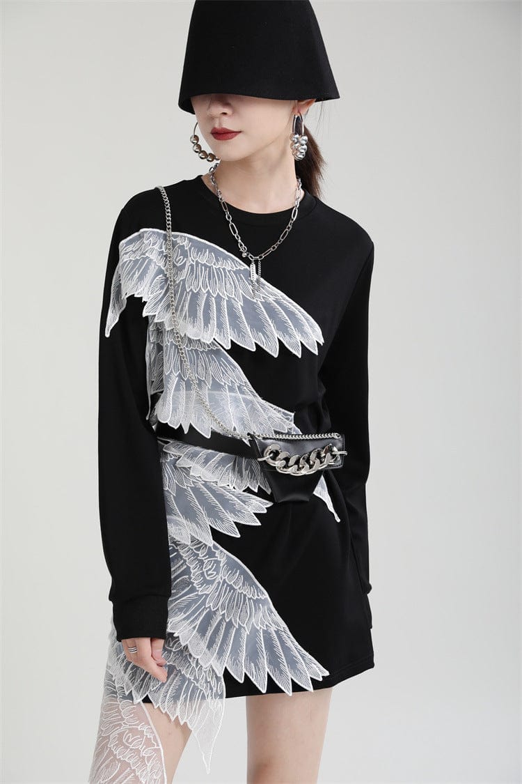Autumn Women's 2022 new irregular angel wings color Guard dress design black long-sleeve dress shirt dress