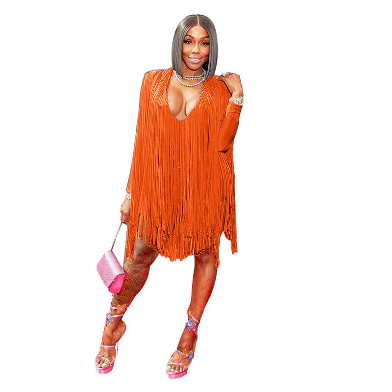 B691 women fashion V-neck long sleeve party dress Fringe skirt
