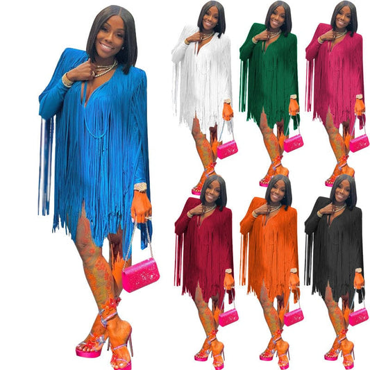 B691 women fashion V-neck long sleeve party dress Fringe skirt