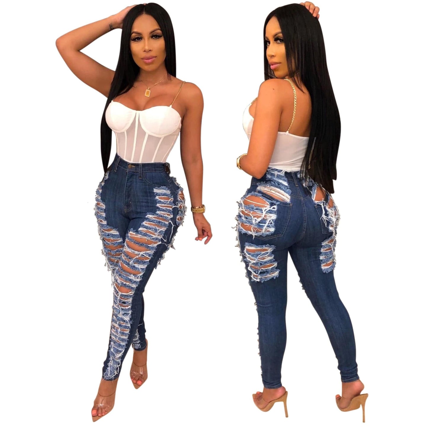 BA389 Stylish S-3XL best quality Amazon hot selling pretty fashion sexy bodycon denim fabric women's ripped jeans