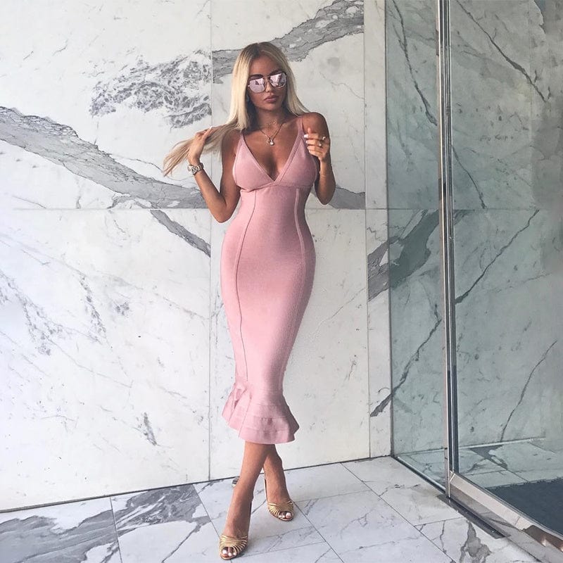 BA4365 Fashion Sexy Suspender Deep V-neck Fishtail Bodycon Dress