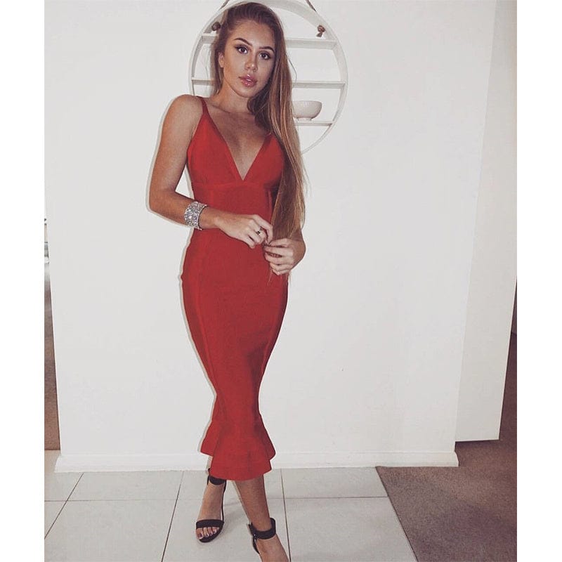 BA4365 Fashion Sexy Suspender Deep V-neck Fishtail Bodycon Dress