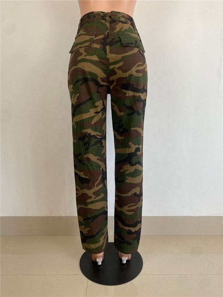 Baggy Pants Women 2023 Pockets High Waist Green Fashion Cargo Pants Casual Hole Camouflage Trousers
