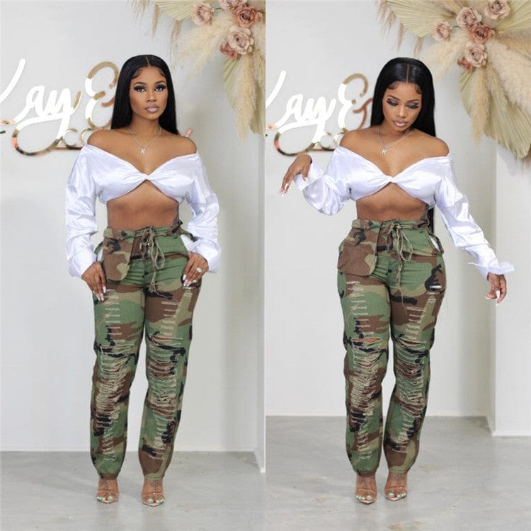 Baggy Pants Women 2023 Pockets High Waist Green Fashion Cargo Pants Casual Hole Camouflage Trousers