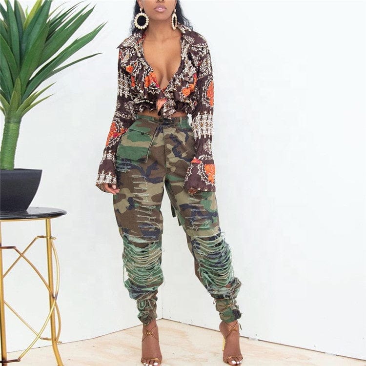 Baggy Pants Women 2023 Pockets High Waist Green Fashion Cargo Pants Casual Hole Camouflage Trousers