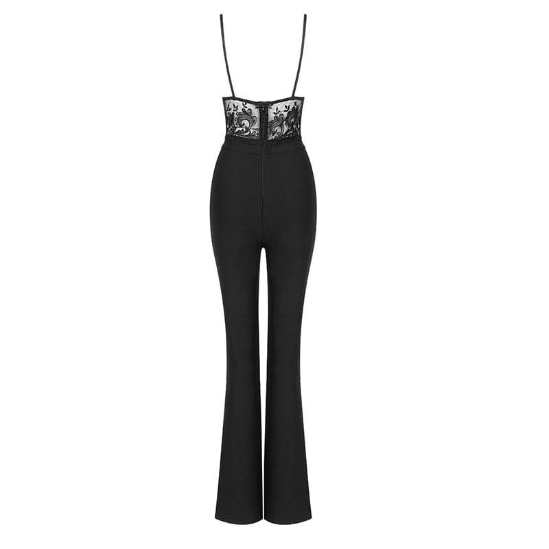 BD2230 Drop Ship Glamorous Black Strap Backless Full Lace Top Women Clubwear Wide Leg Bodycon Jumpsuit