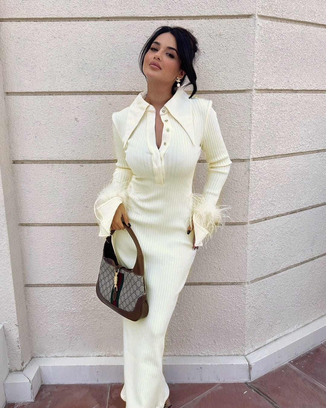BD2315 2022 Fashion Style Long Sleeve Feather Stand Solid Color Bandage Stretch Fabric Winter Bodycon