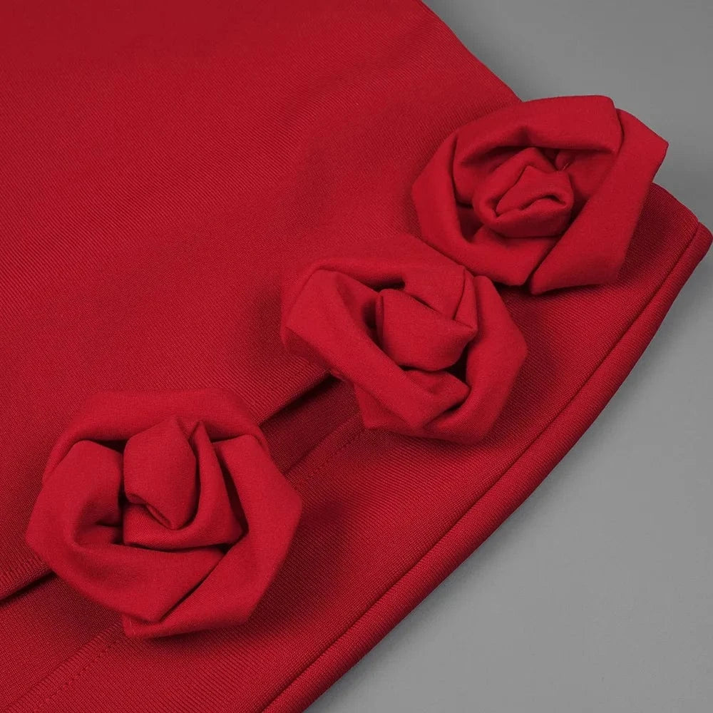 BD2483 Christmas Red 3D Flower Skirts Fashion Party Sexy Split Bandage Dress High Quality 2023 New Solid Woman Dresses