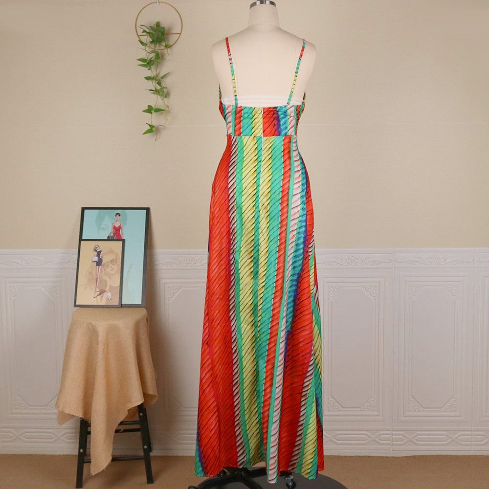 Beach Summer Halter Print Colorful Striped V Neck Women Casual Dresses