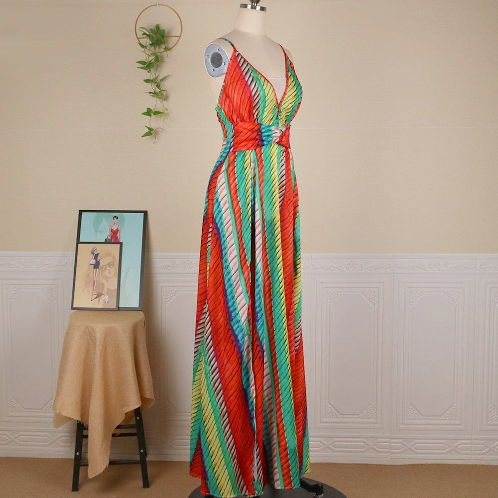 Beach Summer Halter Print Colorful Striped V Neck Women Casual Dresses