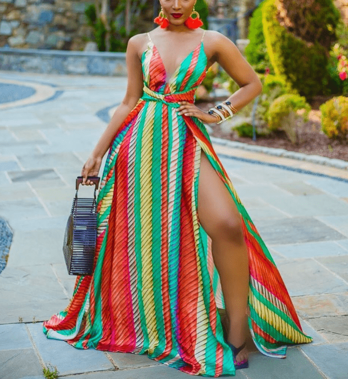 Beach Summer Halter Print Colorful Striped V Neck Women Casual Dresses