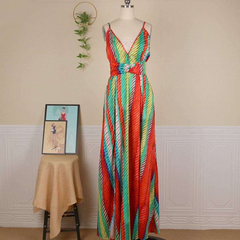 Beach Summer Halter Print Colorful Striped V Neck Women Casual Dresses