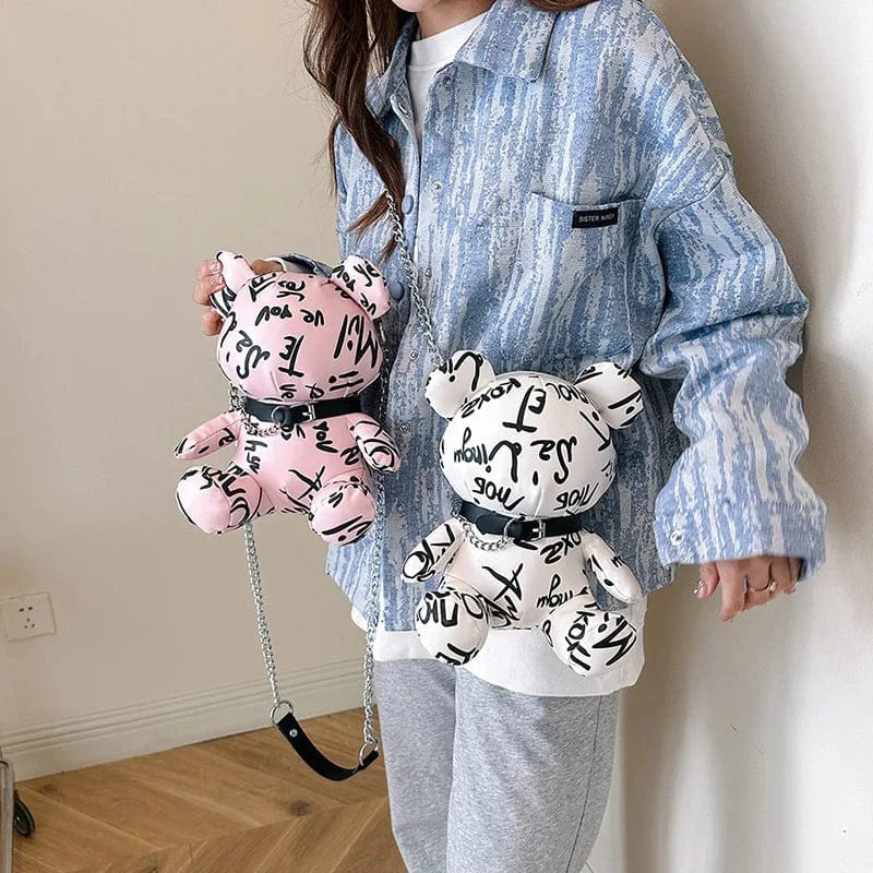 Bear Shape Crossbody Bag For Women Letters Printed Cute Fashion Doll Shoulder Bags Chain Animal Handbag Party Pocket Mini Purse
