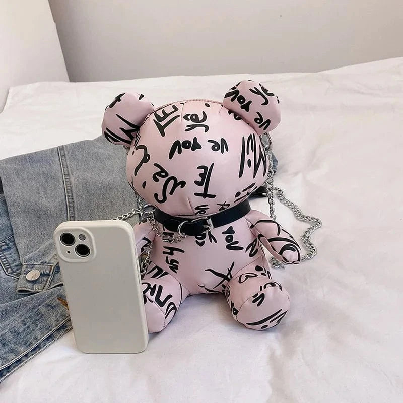Bear Shape Crossbody Bag For Women Letters Printed Cute Fashion Doll Shoulder Bags Chain Animal Handbag Party Pocket Mini Purse
