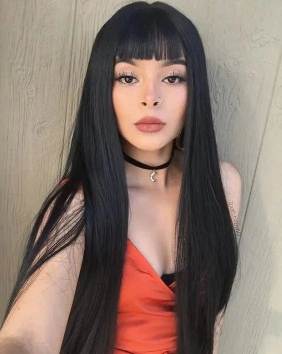 Becus Hair Straight Synthetic Wigs for Sale Long Brown Wig with Bang Baby Hair