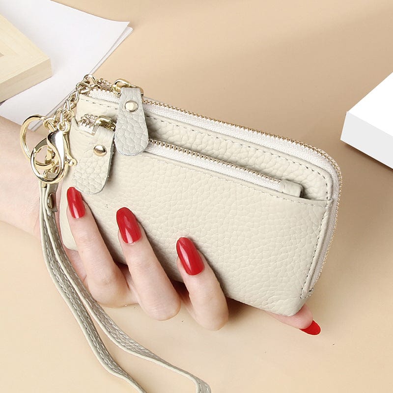 Beige 2022 Women's Wristlets Designer Genuine Leather Wallet Female Small Coin Purse Card Holder Keychain Wristlet Wallet for Women