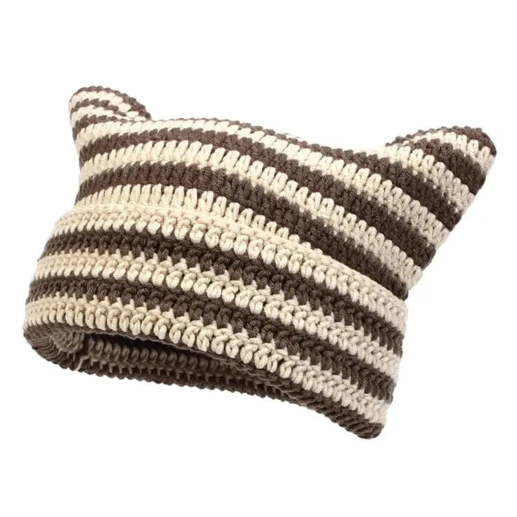 Beige coffee Little Demon Stripe Bonnet Cute Cartoon Cat Ear Knitted Hat Fashion Knit Piglet Cap Autumn Winter Warm Soft Beanies